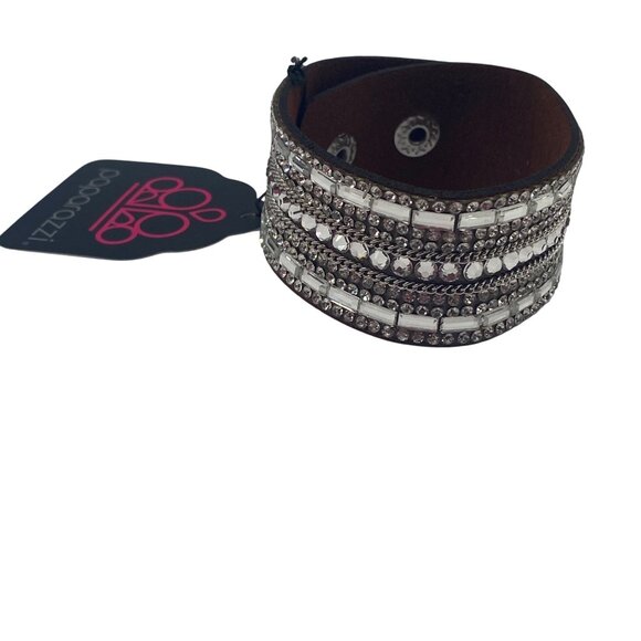 Paparazzi Jewelry Rebel Radiance Brown Fold Over Snap Bracelet Rhinestone Stud - Picture 1 of 9